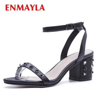 

ENMAYLA Women High Heels Sandals Summer Shoes Woman Summer Party Causal women med heels Sandals Rivets Buckle strap shoes CR845