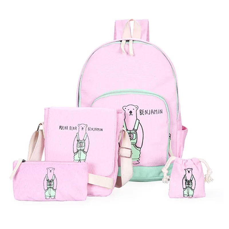 

4pcs/set fashion canvas backpacks set character bear school bag set for teenagers women leisure backpack mochila escolar