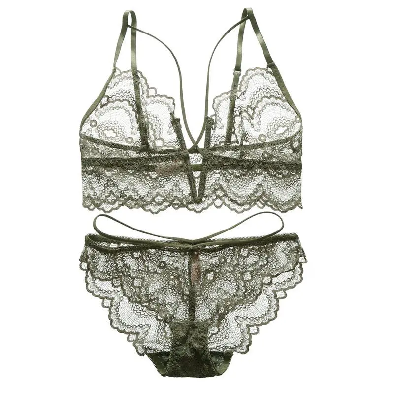 Women Lingerie Lace Thin Without Steel Ring Breathable Deep V bra + Panties Set Women Underwear Set