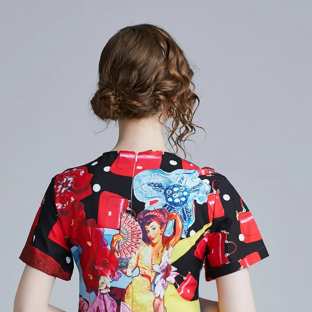 M-XXL spring summer woman dress 3d red flower applique shoulder yellow blue red cartoon pattern print cute sweet mini dress