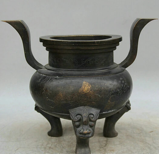 

JP S0524 12" Marked Chinese Bronze circular 3 Foot Lion Head handle Incense Burner Censer