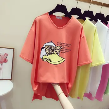 

New Summer Fashion V Neck Loose Pullovers Top for Women Medium-long Letter Cartoon Students Tshirts All-match Female Tees