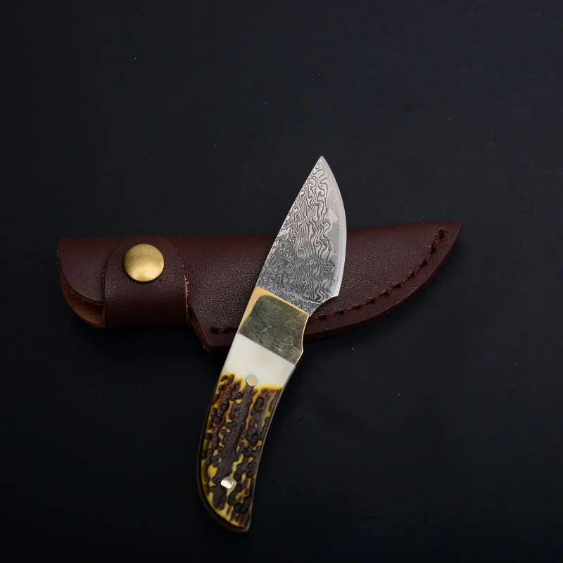 damascus fixed blade knife antler handle outdoor camping hunting survival pocket rescue edc tools  (6)