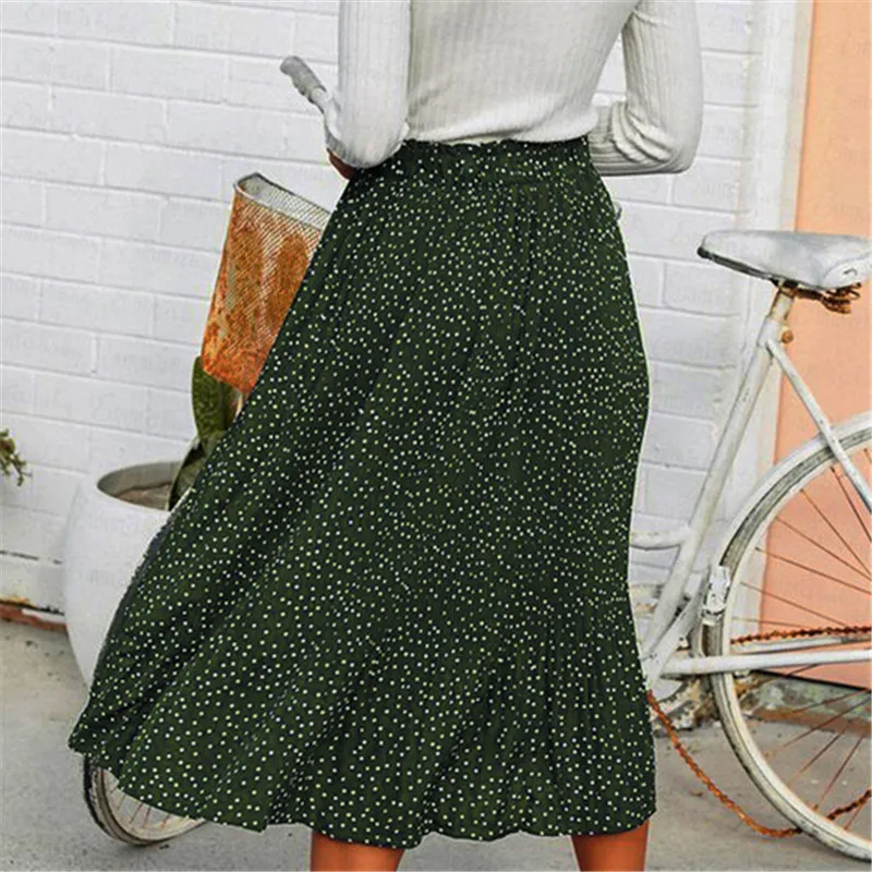Vintage Women Polka Dot Skirt 2018 Summer New Fashion High Waist Flared Swing High Split Pleated Mid-Calf Skirt S-XL Vintage Women Polka Dot Skirt 2018 Summer New Fashion High Waist Flared Swing High Split Pleated Mid-Calf Skirt S-XL