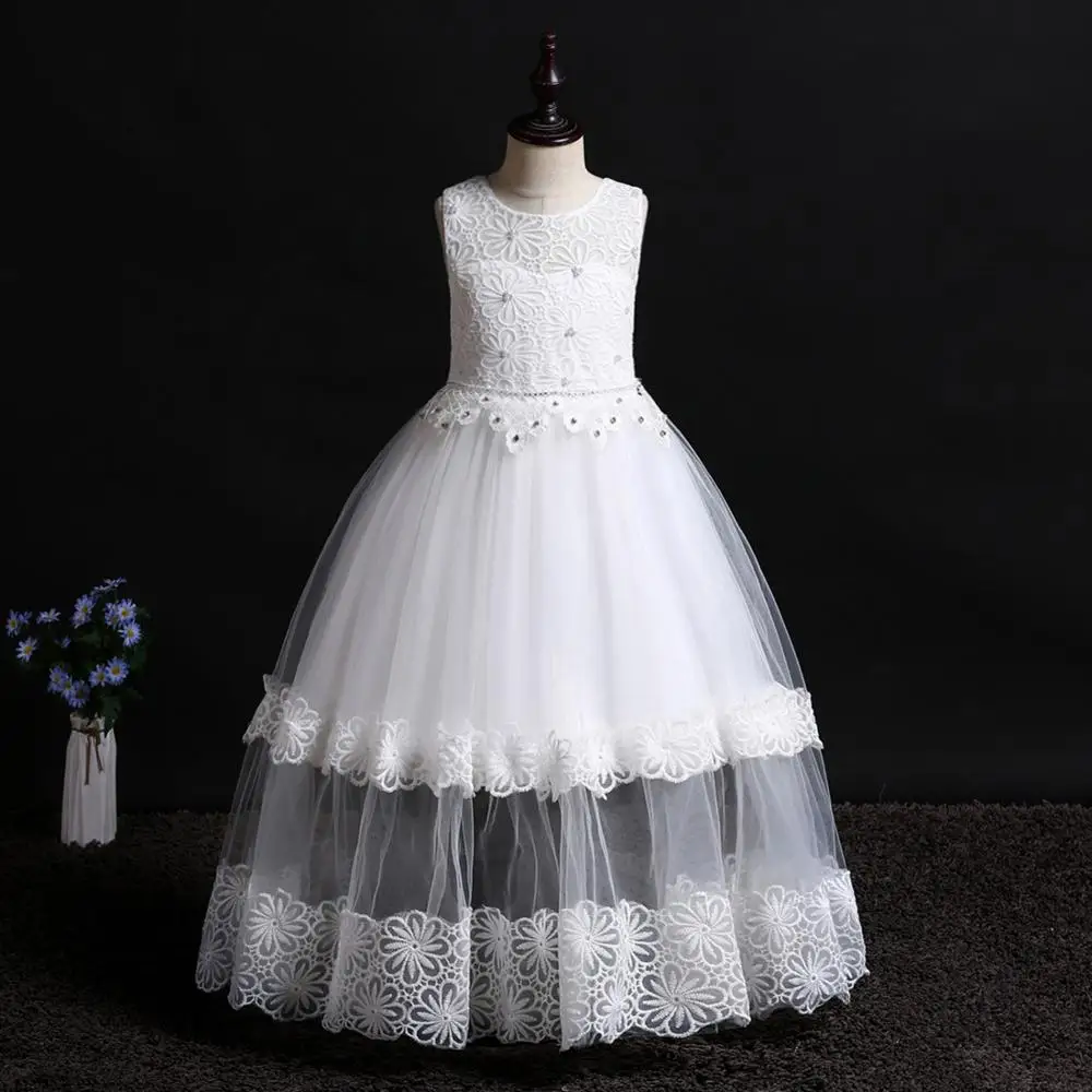 

2019 Lace Sequins Formal Evening Wedding Gown Tutu Princess Dress Flower Girls Children Clothing Kids Party For Girl Clothes