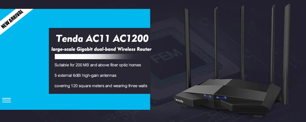 Беспроводной Wi-Fi маршрутизатор Tenda AC11 1200 Мбит/с, 1 ГГц cpu+ 128 М DDR3, 1WAN+ 3 lan гигабитные порты, 5* 6dBi антенны с высоким коэффициентом усиления, умное управление приложением