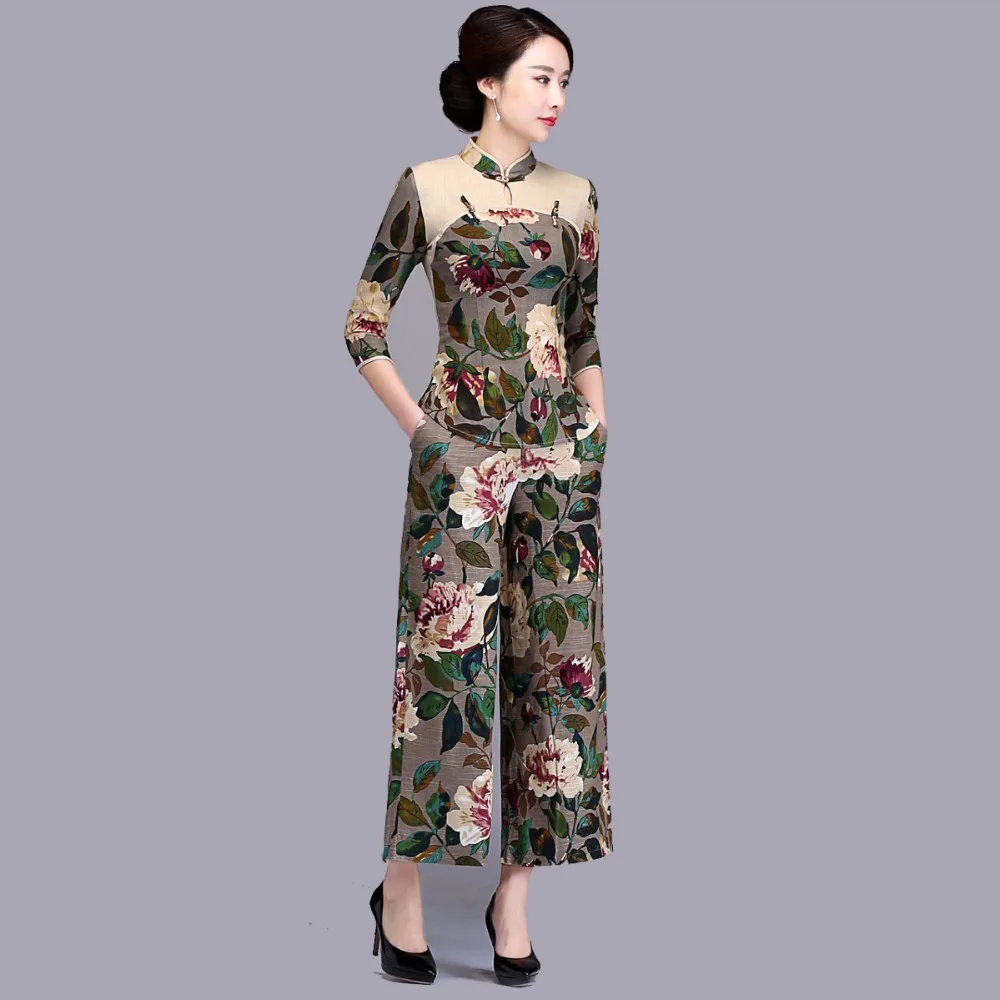 Китайская женская хлопчатобумажная ткань с принтом комплект из 2 предметов новая рубашка брюки костюм тонкая рубашка + брюки тонкая