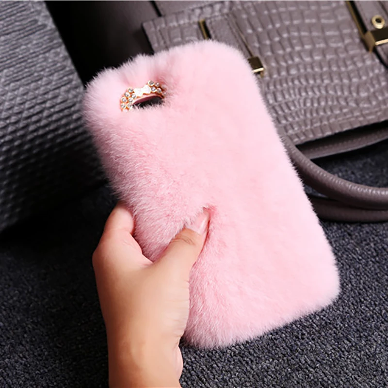 

Cute Fluffy Rabbit Fur Phone Case For iPhone X Xs 7 8 Plus 6 6s Plus 5 5S SE XR Soft Cover Plush Warm Case For iPhone XS Max