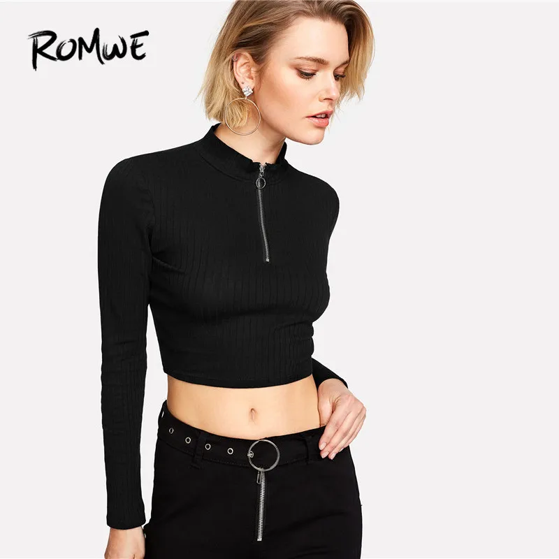 ROMWE Ring Zip Up Front Ribbed Crop Tee Black Zipper Stand Collar T Shirt 2018 Fall Plain Long Sleeve Women Top