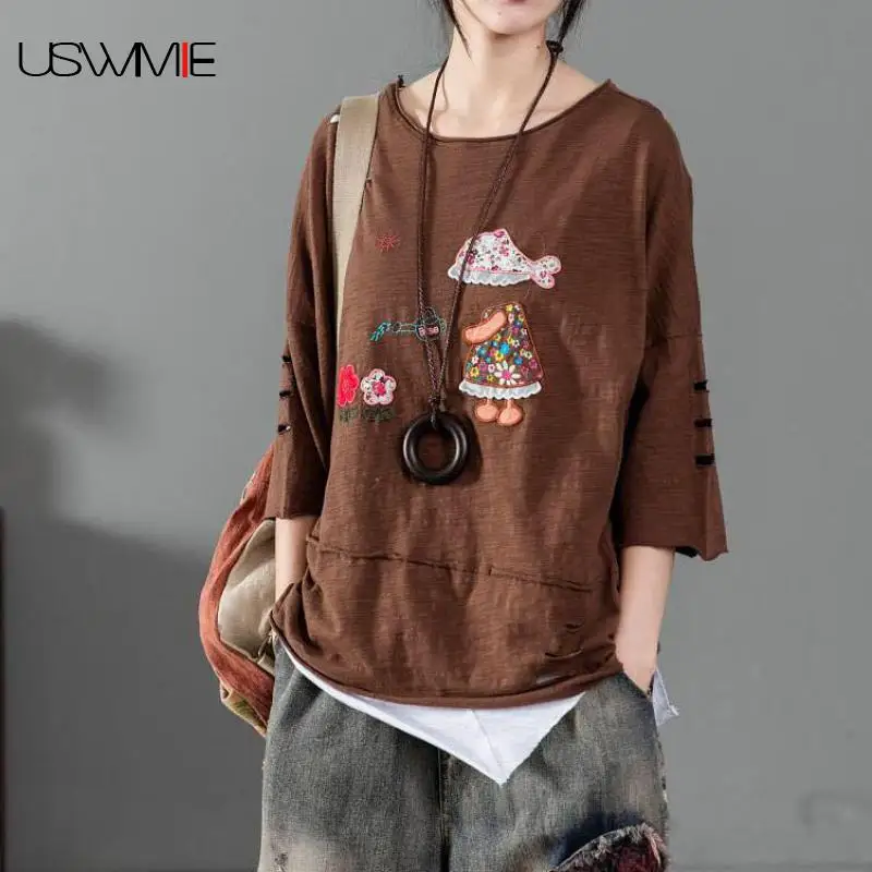 2022 Summer Women Tshirt Literary Round Collar Embroidered Hole Short Sleeved O-neck Half Sleeve Thin Loose Comfort Cotton Tees