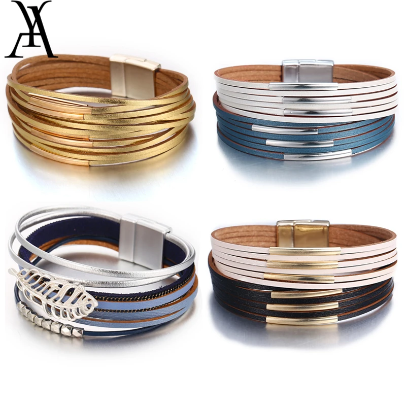 

AY Vintage Leather Wristband Wrap Bracelets For Women Men Fashion Shiny Double Layered Bracelets & Bangles Jewelry Gift