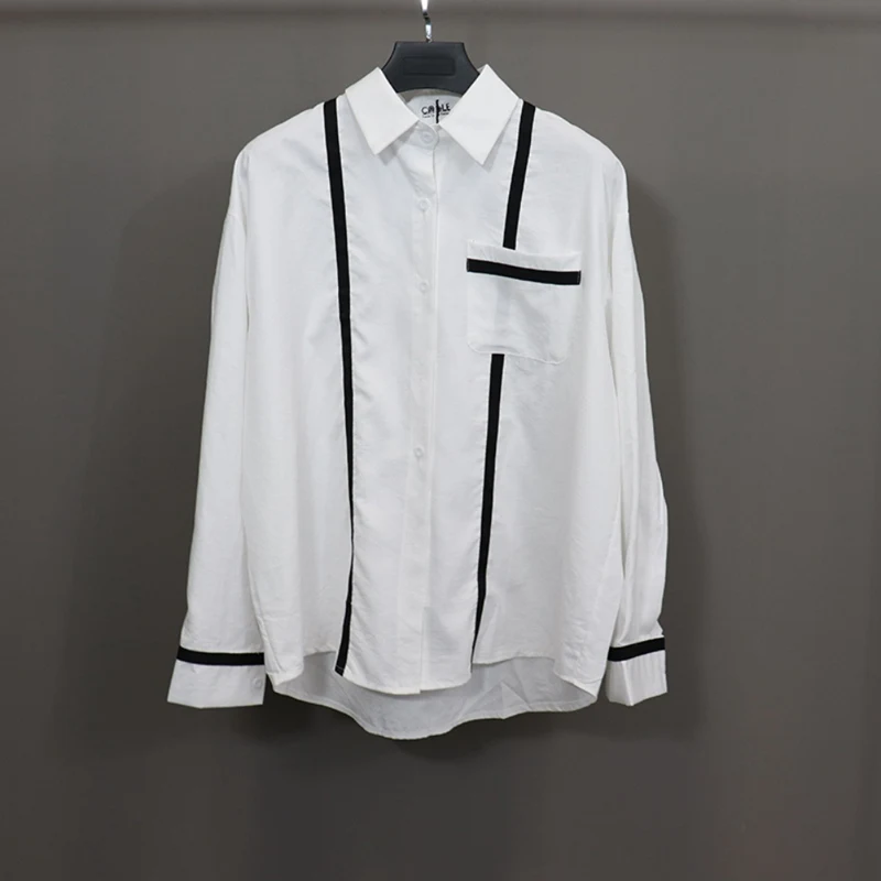 Летняя Осенняя Свободная белая льняная рубашка с карманами, Женская Полосатая Рубашка с длинным рукавом и отложным воротником