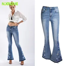 Женская одежда средняя талия Цветочная вышивка потертые хлопковые джинсы женские винтажные модные обтягивающие Стрейчевые винтажные женские джинсы