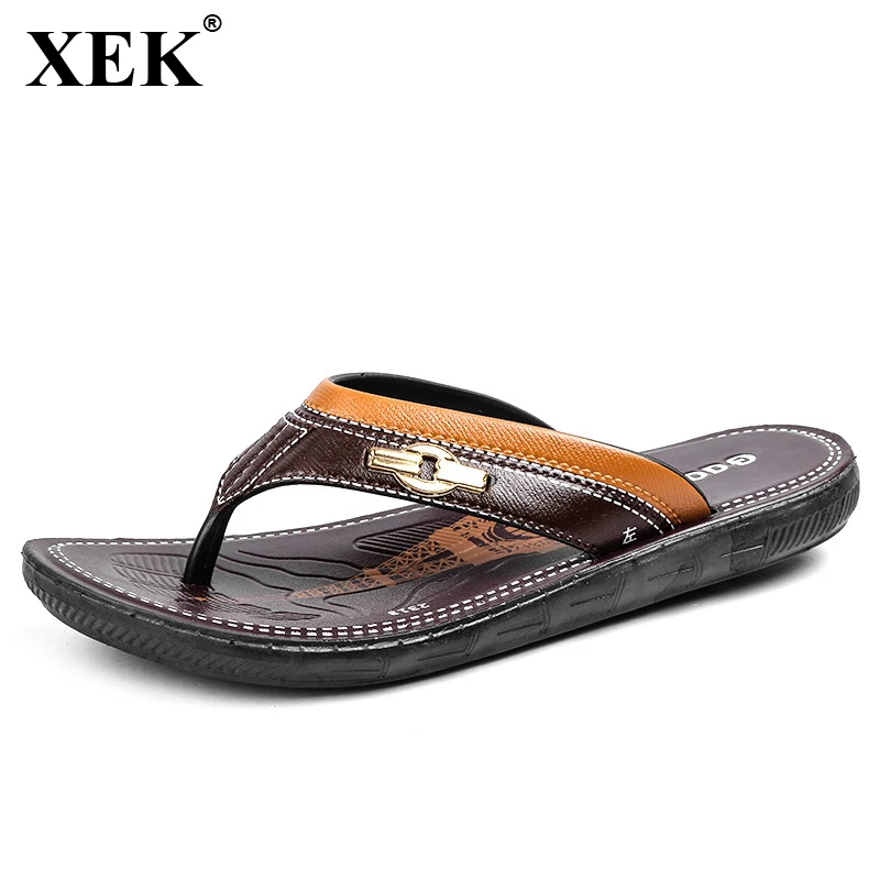 

XEK 2018 New Men Beach Shoes Students Summer Flats Slippers Men Summer Beach Flip Flops Man Cool Slippers PVC Rome Slides JH265