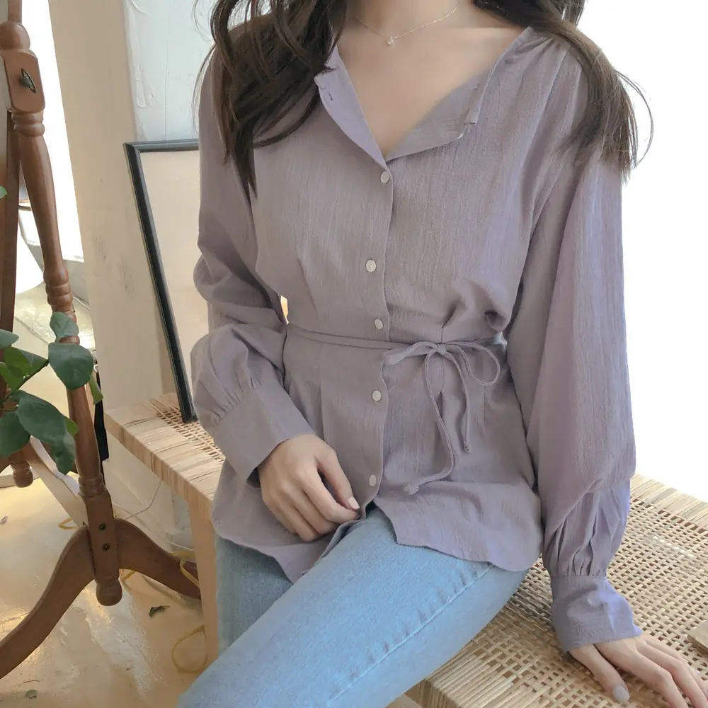 Cute Sweet Tops Women Korean Japan Preppy Style Girls Ladies Design Belt  Bow Tie Purple White Button Shirt Blusas Femininas From Hoto, $36.41