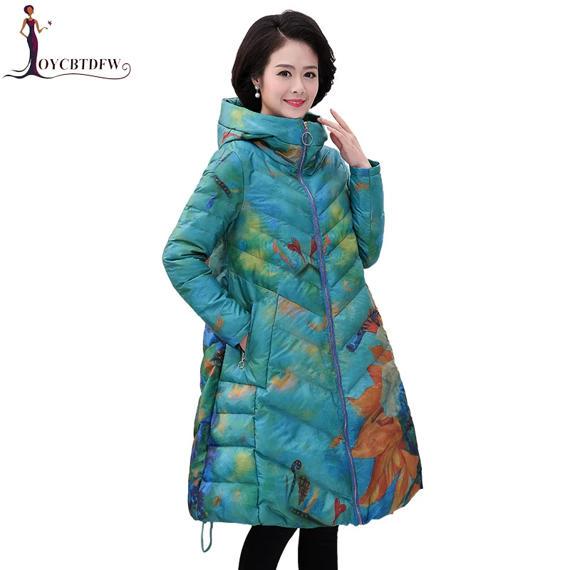 

Winter Middle-aged Coat Mid long Fashion Large size Loose Cotton Outerwear Printing Middle-aged Hooded High-quality Jacket DD826