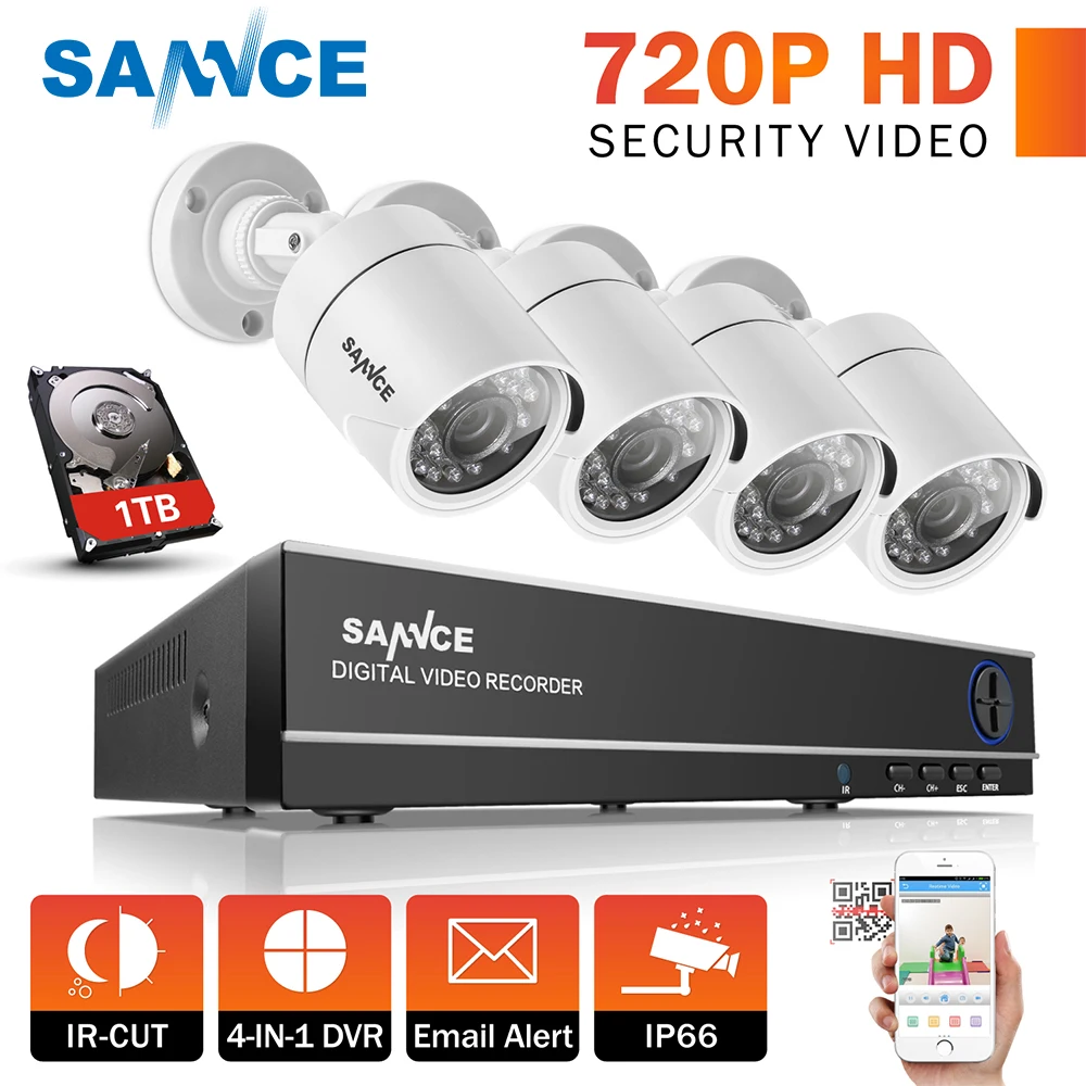 SANNCE 4CH 720P CCTV Security System 1080N HD DVR and 4pcs 720P 1.0MP white Cameras 4 channels 1280TVL Surveillance kits