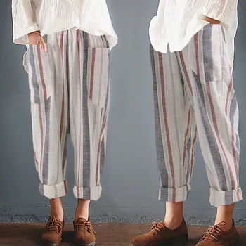 

Plus Size Cotton Linen Harem Pants Women Summer Loose High Waist Striped Pockets Pants Casual Pantalon Female Sweatpants Trouser