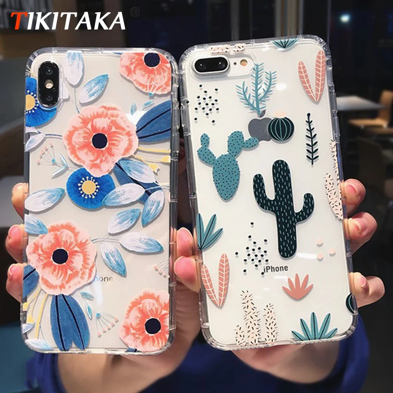 

Vintage Flowers Cactus Pattern Phone Case For iPhone X XR XS Max 6 6S 7 8 Plus Shockproof Transparent Soft TPU Back Cover
