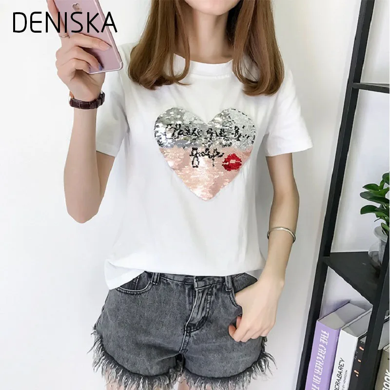 Harajuku Kawaii Изменение Блестками Сердце Письмо Печати Хлопка Майка Женщины