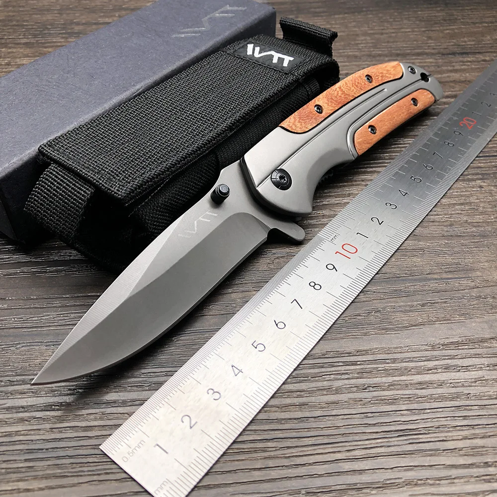 

WTT Tactical Folding Pocket Huntng Knife Titanium Coating Steel Red Wood Handle Survival Combat Tools Outdoor Camping EDC Knives