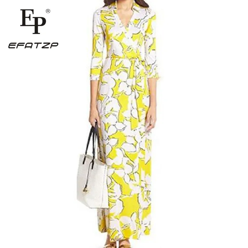 

EFATZP High Quality New Fashion 2018 Spring Runway Designer Dress Women's V-neck 3/4 Sleeve Elegant Print Knit Slim Maxi Dresses