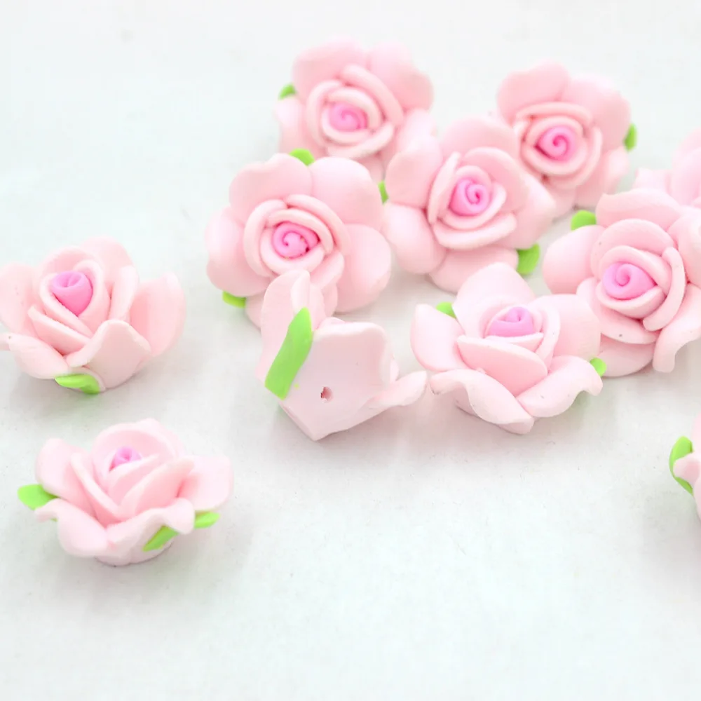 Около 12/15/20 мм цветастые свободные 3D бусины из полимерной глины, украшенные розами, с двойным отверстием для бижутерии, материал для рукоделия