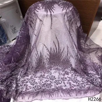

2019 Free Shipping Tulle Lace Fabric Purple Net Lace New Design Bead Nigerian Lace Fabric For Women Party Dress HX2266