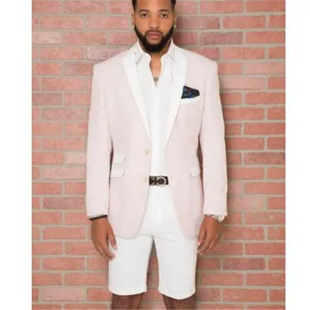 

2018 Custom Made Beige Men Tuxedo With White Peaked Lapel White Short Pant 2 Pieces(Jacket+Pants+Tie) Tuxedo Slim Summer Style