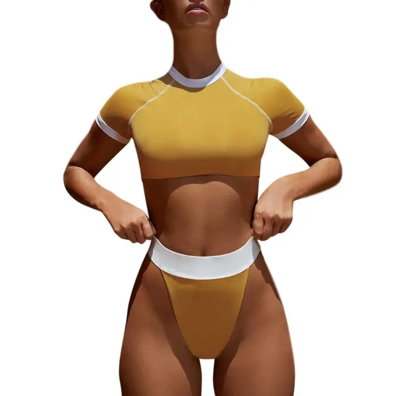 

1 Set Women Swimsuit Hot Sale Summer Bikini Short Sleeve Sports Style Fashion Lady Swimwear Bathers Fashion Sexy Soft Two Piece