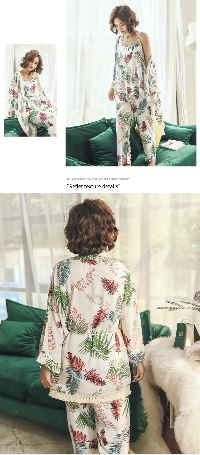 Весенне-осенняя Хлопковая пижама с длинным рукавом, комплект из 3 предметов, женская пижама, пикантная сорочка для женщин, комплект для сна, M-XL