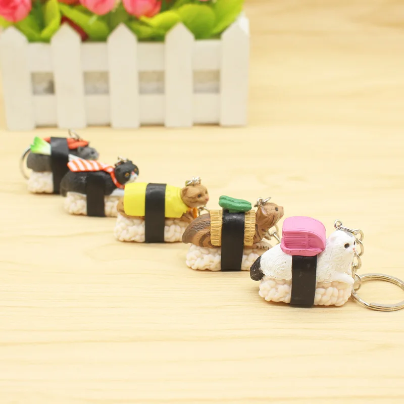 

1pc Cute Cartooon Cat and Sushi Keychains Car Auto Keyring Metal Keychain Key Ring Holder Pendant Silverware for Men & Women