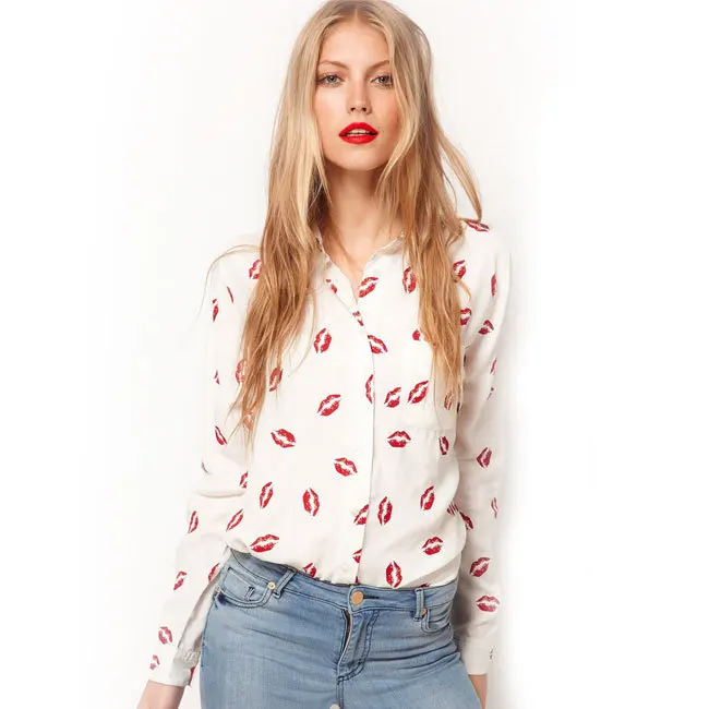 Женская шифоновая блузка с длинным рукавом и принтом губ|sleeve shirt|long sleeve shirtchiffon blouse