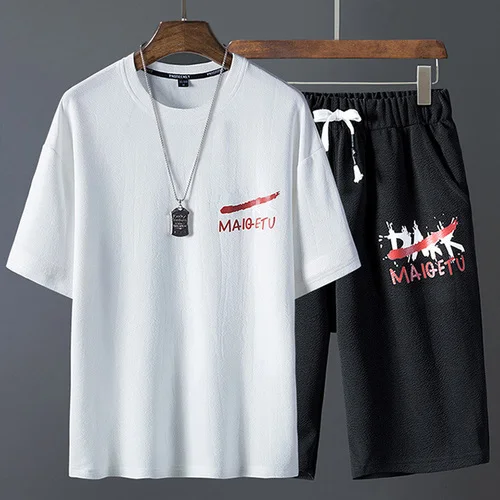 Свободные комплекты с коротким рукавом+ шорты, мужские летние повседневные комплекты из 2 предметов, Мужские Молодежные новые модные спортивные комплекты в стиле хип-хоп, размеры M-3XL - Цвет: TC34-White-Black