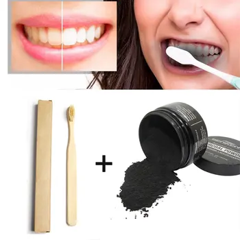

GENKENT 3 PCS Teeth Whitening Set Tooth Whitening Charcoal Powder with 2PCS Wooden Bamboo Toothbrush Oral Care Soft Bristle