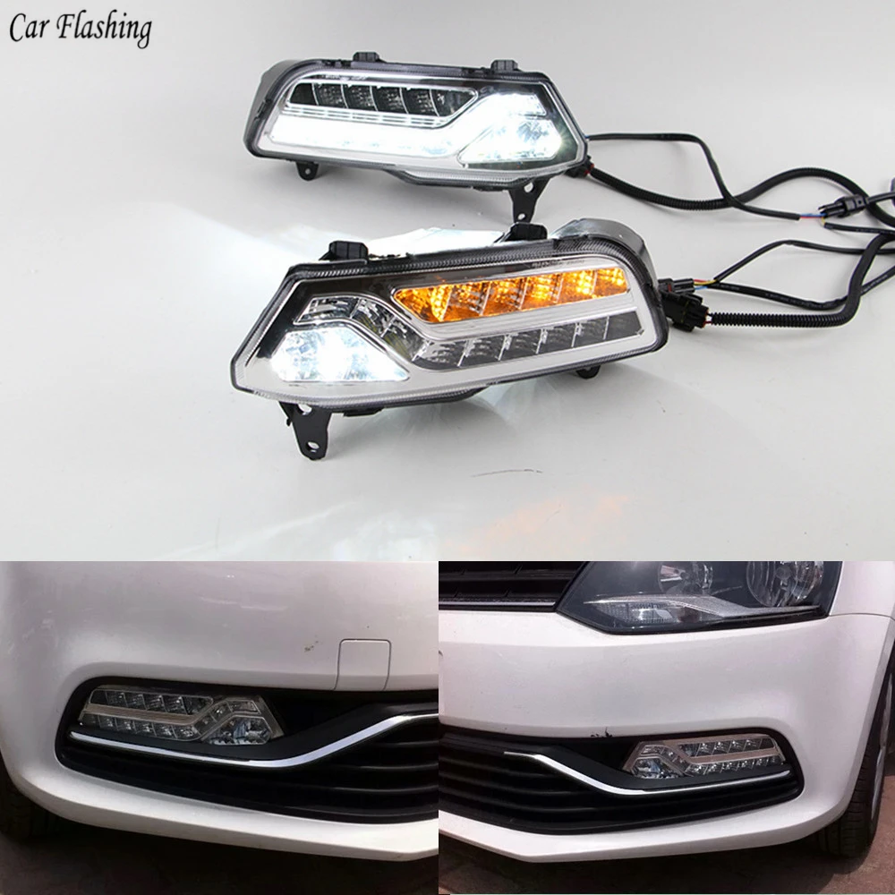 

Car Flashing 1 Set LED DRL Daytime Running Lights 12v ABS Fog Lamp Cover With Turn Signal For Volkswagen VW Polo 2014 2015