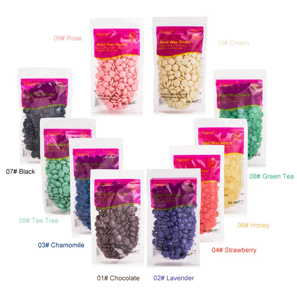 

Fexport 100g/Pack 10 Flavors Hair Removal Bean No Strip Paper-free Hard Wax Beans Depilatory Hot Wax Beans For Men Women