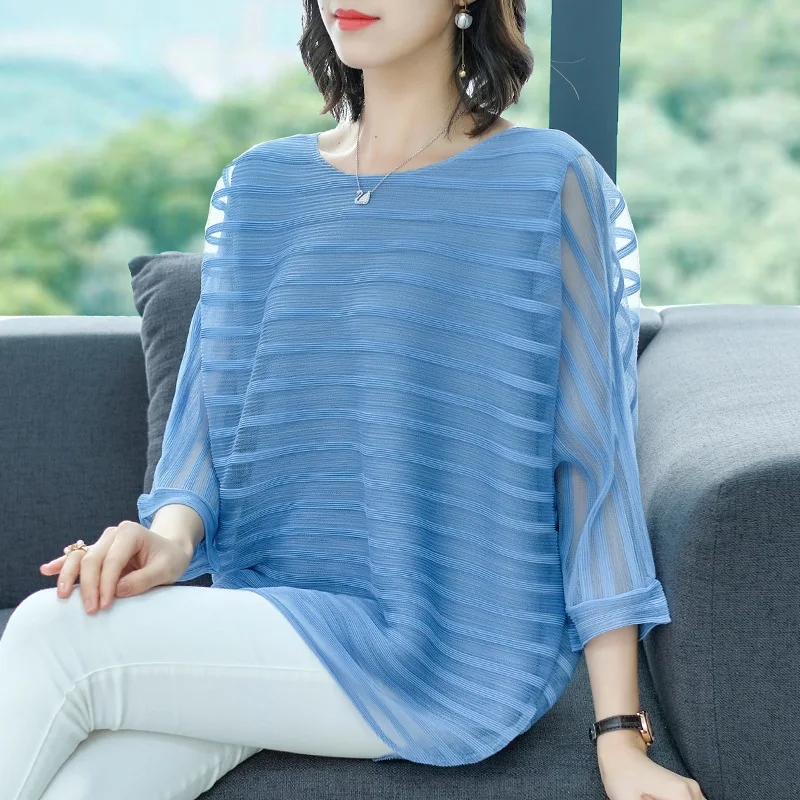 

Plus Size Blouse Women Fashion Striped Mesh Top 2019 Spring New Female Blouses O Neck 3/4 Sleeve Straight Loose Chiffon Tops