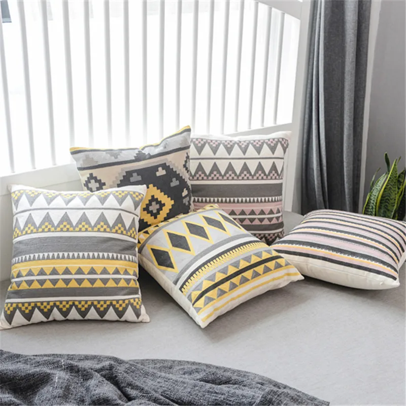 

Nortic Style Simple Geometric Pattern Pillow Case Cotton Embroidery Pillow Cover 45*45cm Comfortable Soft Washable Cushion Cover