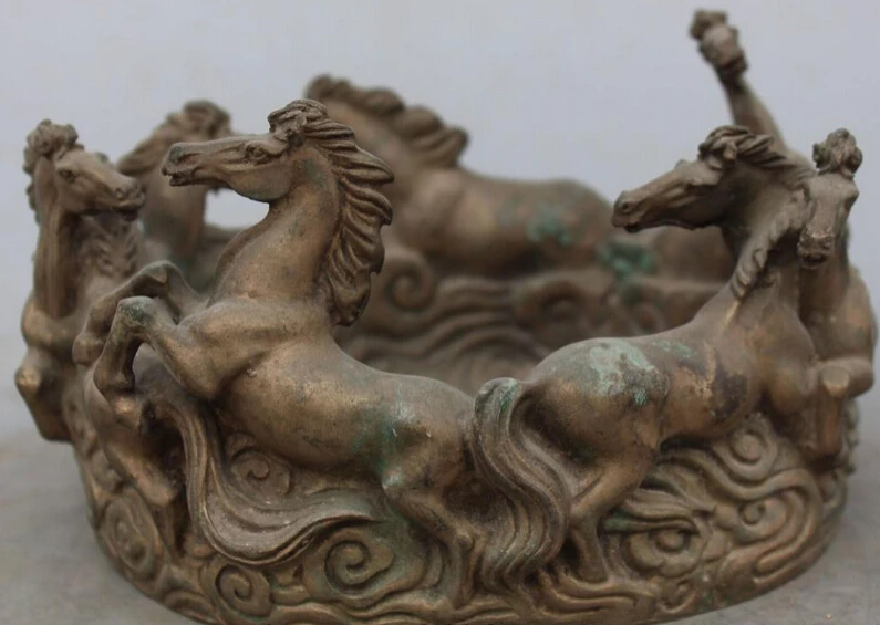 

8" Chinese White Copper Fengshui Folk Zodiac Year 5 Horse Horses Ashtray Statue S0706 Discount 35%
