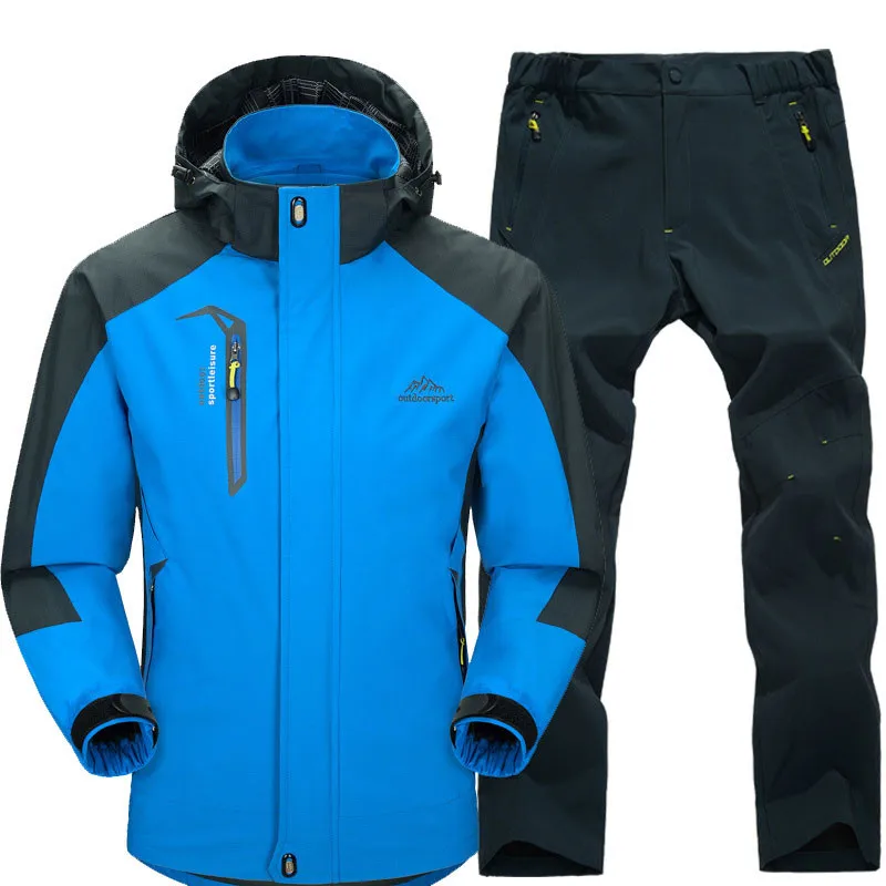 Весенне-осенние мужские походные куртки и штаны, мужские уличные водонепроницаемые ветрозащитные треккинговые походные куртки для альпинизма и рыбалки, комплект одежды - Цвет: Royal blue-Dark gray
