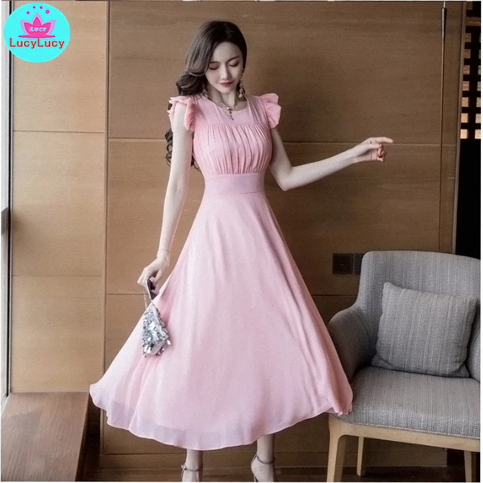 

2019 summer Korean version of the temperament lotus leaf sleeves high waist folds thin high waist large swing dress