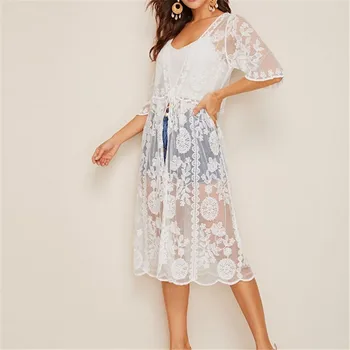 

New Fashion Womens Flower Printed Lace Beach Style Blouses Ladies Summer Loose Solid Shirts Three Quarter Sleeve Long Tops