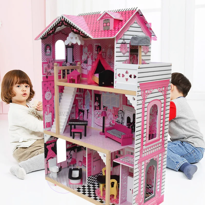 80*42*120cm filles rose en bois maison de poupée de luxe en bois poupée Villa avec poupée meubles princesse maison semblant jouet cadeau d'anniversaire