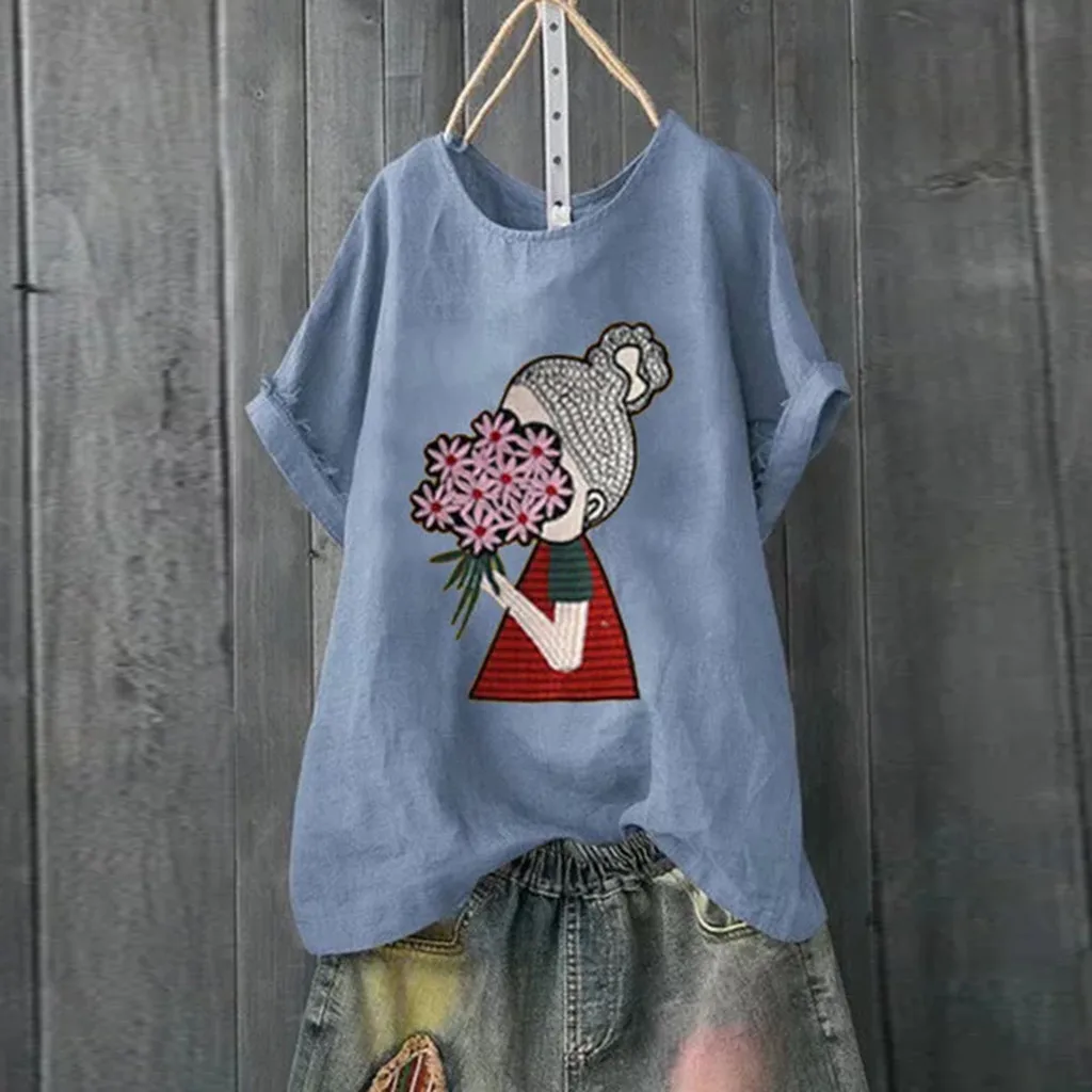 

MUQGEW print t shirt Women summer Vintage Loose Plus Size Cotton Linen tshirt casual O-Neck Short Sleeve Print top #4