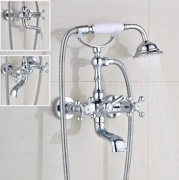 

Free Shipping Polished Chrome Bathroom Wall Mounted Tub Faucet With Handshower Double Cross Handles Btf902