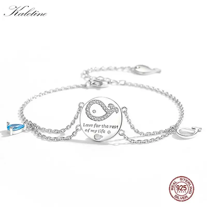 

KALETINE Letter Bracelet Bangle For Women Real 925 Sterling Silver Whale Blue Stone Love For The Rest Of My Life Chakra Bracelet