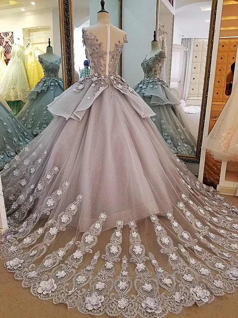 LS00056 evening dresses long flowers zipper back robe de soiree 2018 solde elegant grey ball gown evening dress real photos