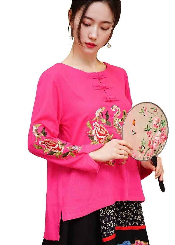 Шанхай история вышивка китайские блузки смесь льна хлопок Cheongsam рубашка Ципао национальная модная одежда 4 цвета - Цвет: Rose Red