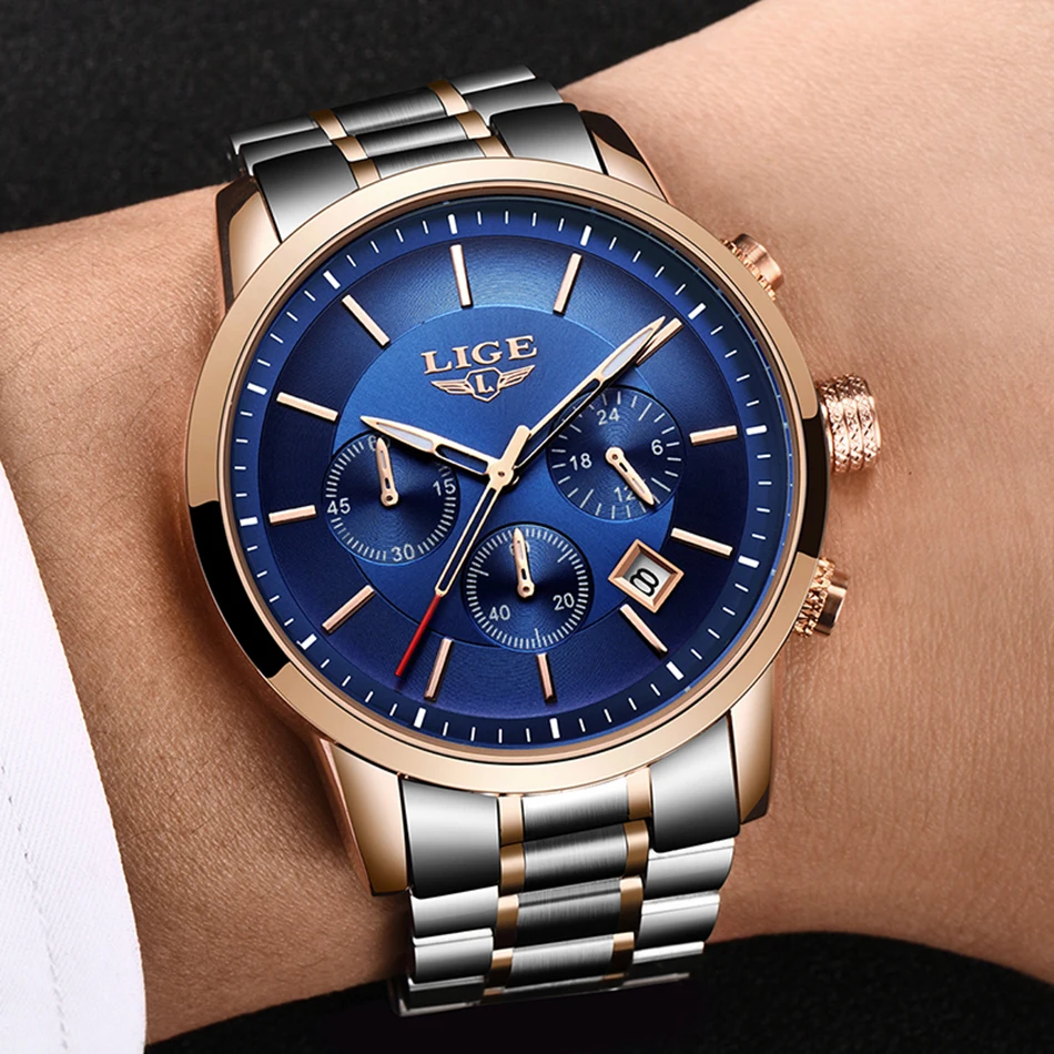 Новинка, мужские часы LIGE s, Топ бренд, роскошные мужские модные полностью стальные водонепроницаемые аналоговые кварцевые часы, мужские серебристые синие спортивные часы